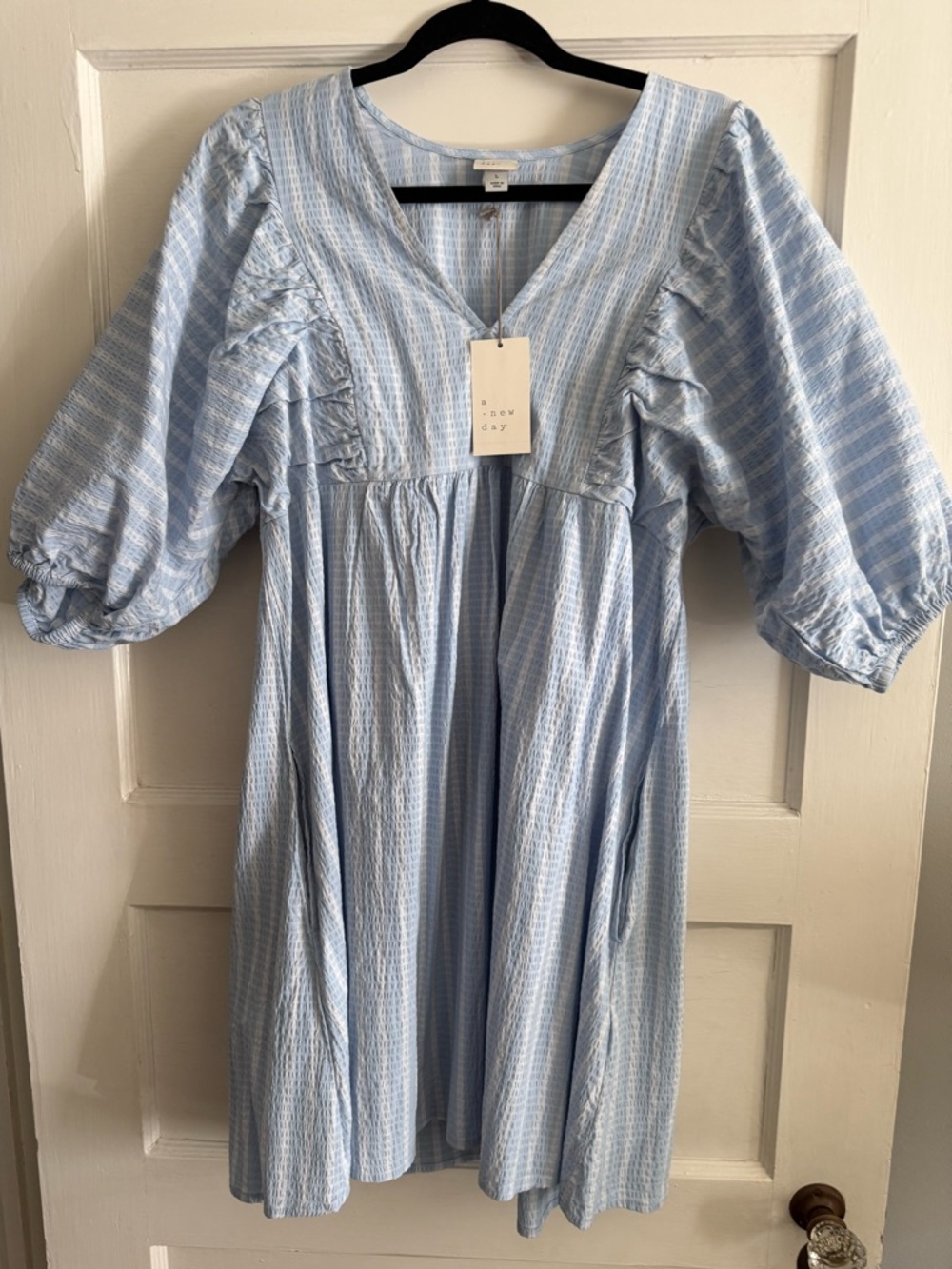NWT Target A New Day Blue White Stripe Puff Sleeve Midi Dress LARGE